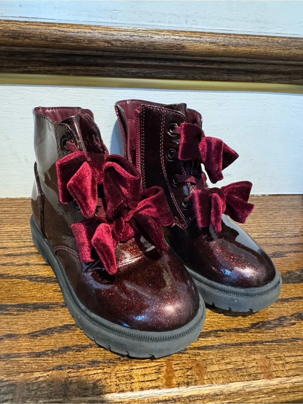 Girls Cat & Jack Burgundy Glitter Velvet Bow Ankle Boots